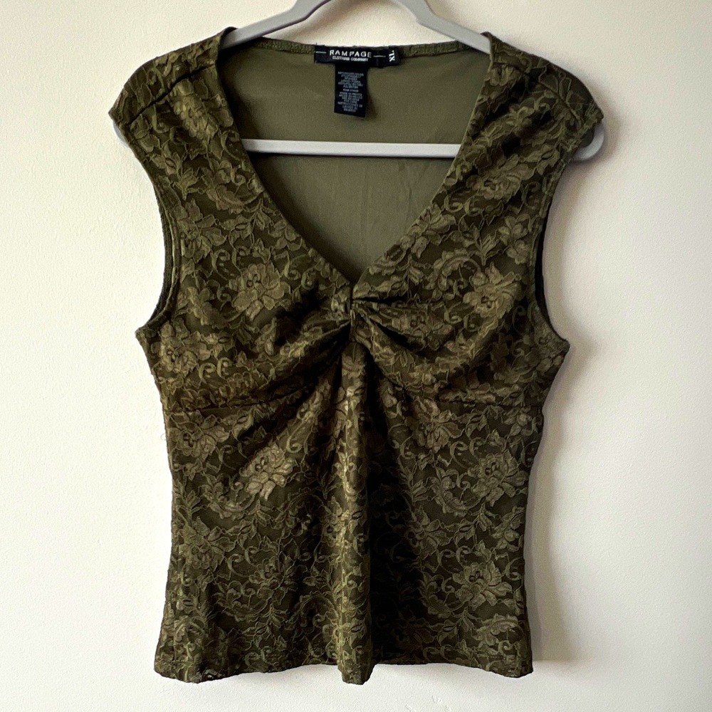 Rampage babydoll tank Green Floral Lace Ruched V-Neck Sleeveless Tank Top xl